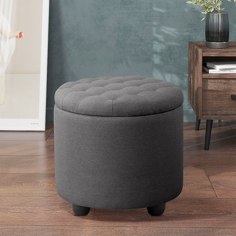 Dark Grey Round Button Tufted Storage Ottoman Short Legs