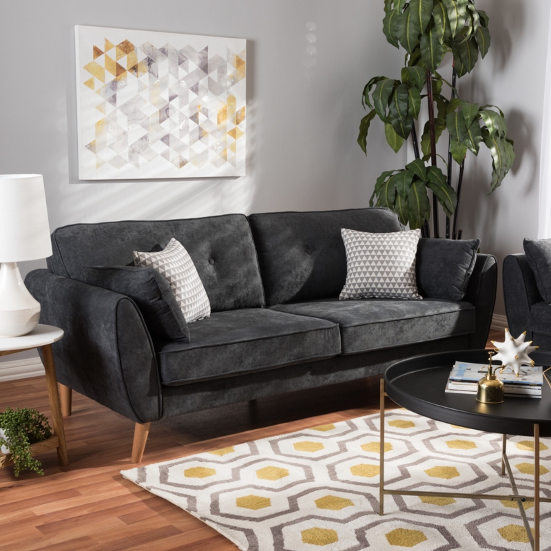 Dark Grey Sofa Mid-Century Modern Tapered Wood Legs Button Tuft