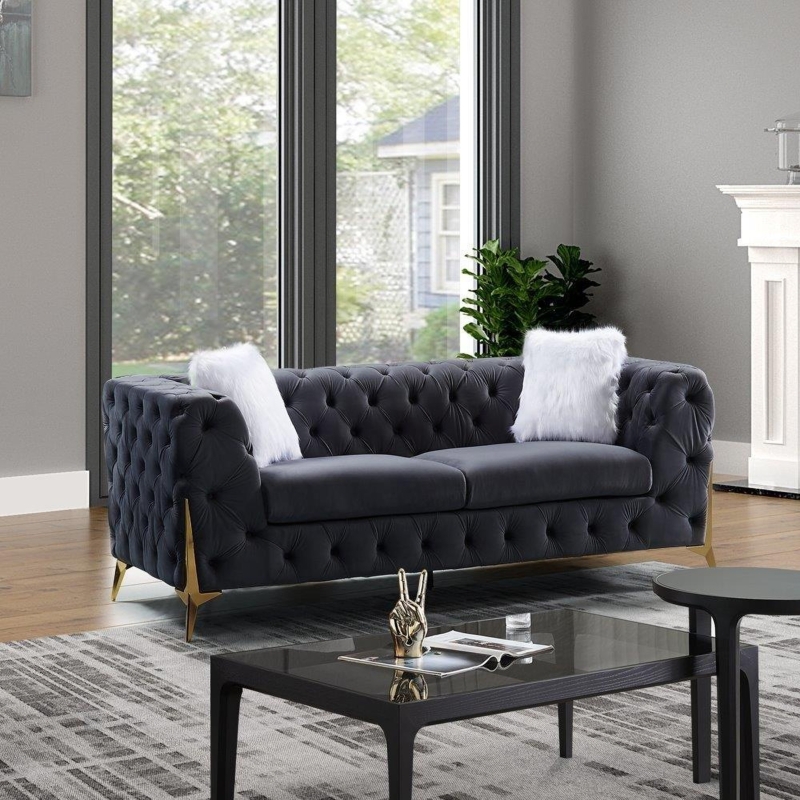 Dark Grey Velvet Chesterfield Sofa with Gold Stiletto Legs