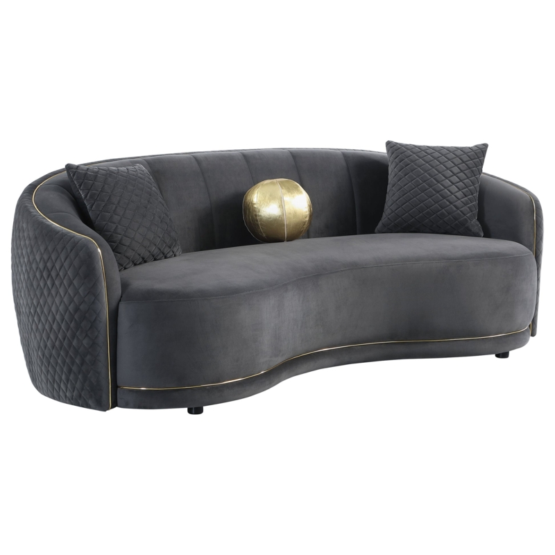 Dark Grey Velvet Curved Sofa Diamond Quilted Gold Trim