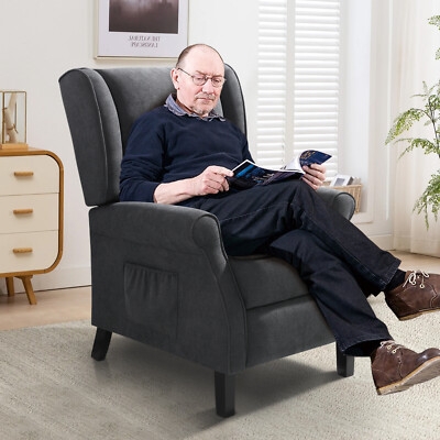 Dark Grey Wingback Recliner featuring Rolled Arms and Textured Weave