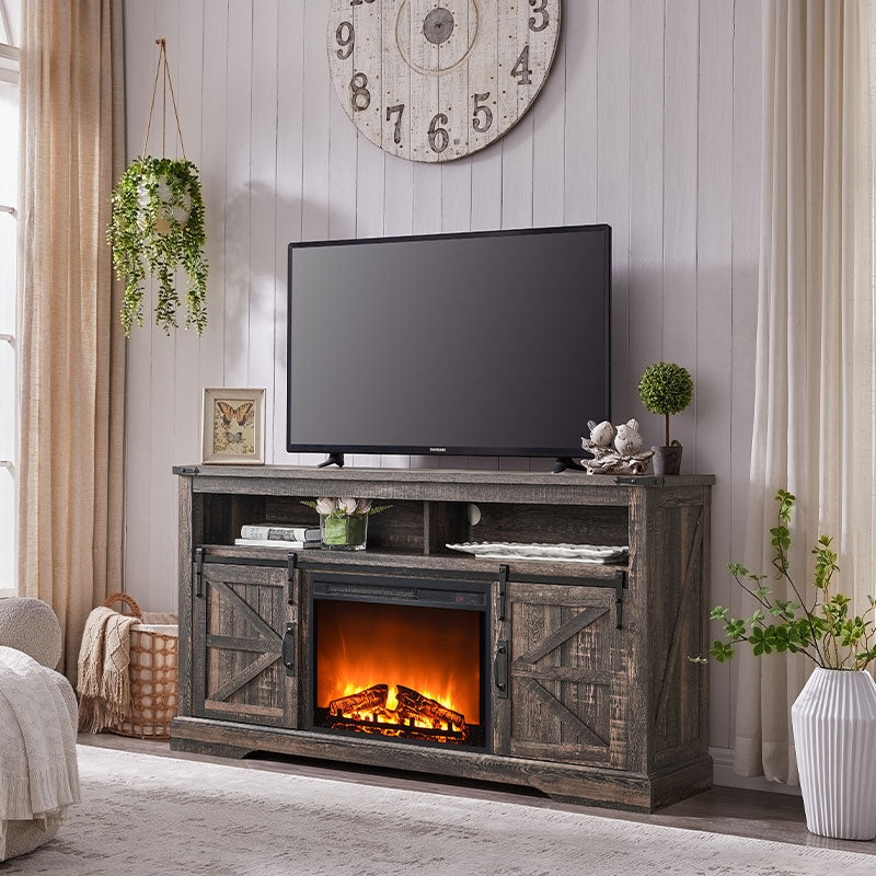 Dark Oak Fireplace TV Stand Sliding Barn Doors Distressed Finish