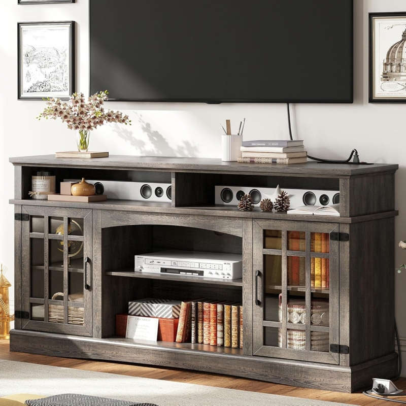 Dark Oak TV Stand with Soundbar Shelf and Mullion Glass Doors