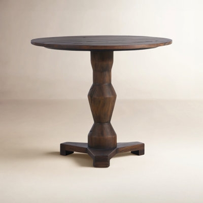 Dark Round Side Table with Geometric Pedestal Base