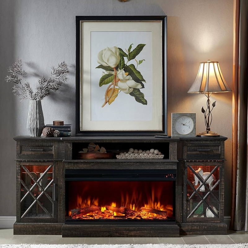 Dark Rustic Fireplace TV Stand X-Brace Glass Doors Entertainment Center