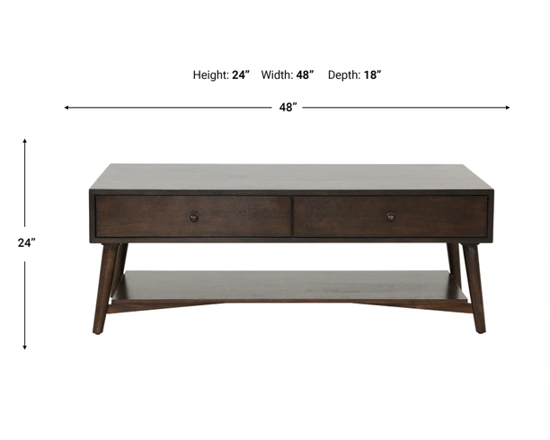 Dark Walnut Coffee Table, Two Drawers, Open Shelf, Tapered Legs