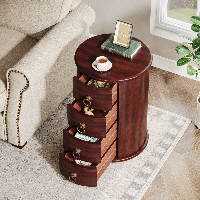 Dark Walnut End Table Cylindrical Shape Curved Drawer Design