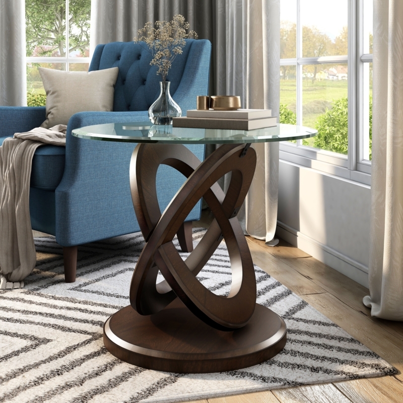 Dark Walnut End Table Round Glass Top with Interlocking Rings