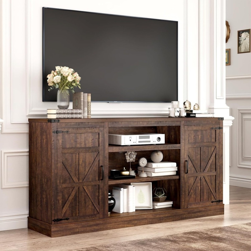 Dark Walnut Farmhouse TV Stand X-Brace Doors Exposed Hinges