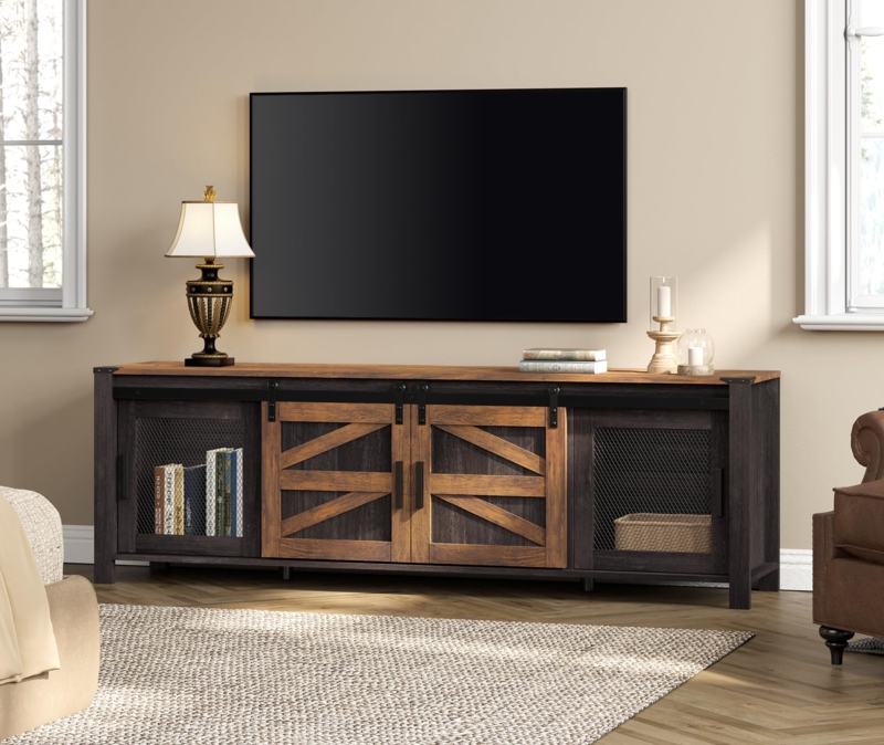 Dark Walnut TV Stand Sliding Barn Doors Industrial Mesh Media Console