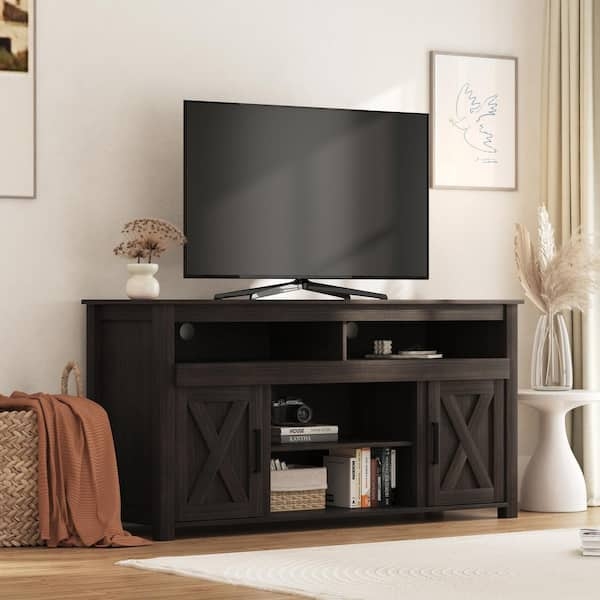 Dark Walnut TV Stand: X-Frame Cabinet Doors, Open Center Shelving