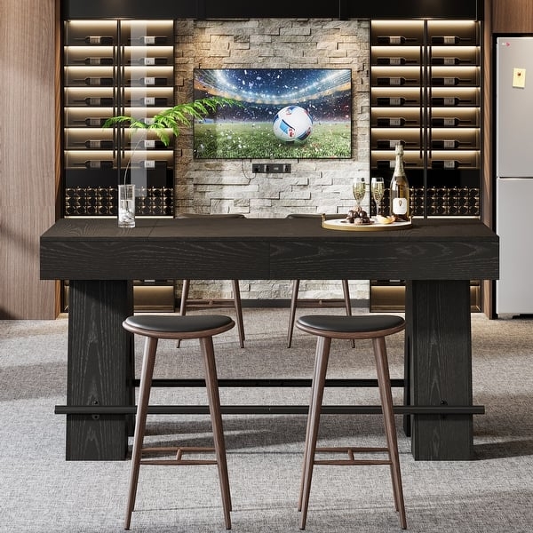 Dark Wood Bar Table: Chunky Square Legs & Metal Footrest