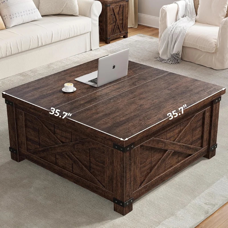 Dark Wood Lift Top Coffee Table, Planked Top with Metal Corner Accents