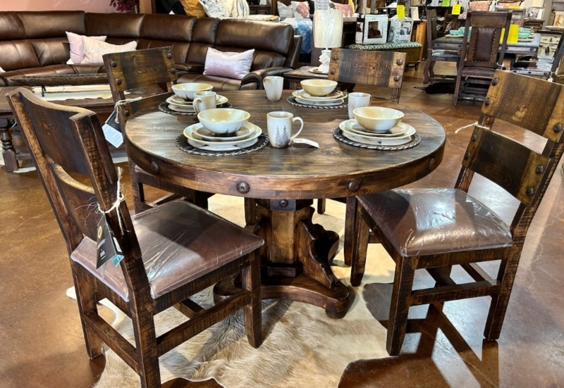 Dark Wood Toned Dining Set Metal Stud Accents Pedestal Base