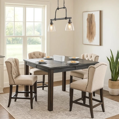 Dark Wood Transitional Dining Set Square Table Tufted Nailhead Chairs