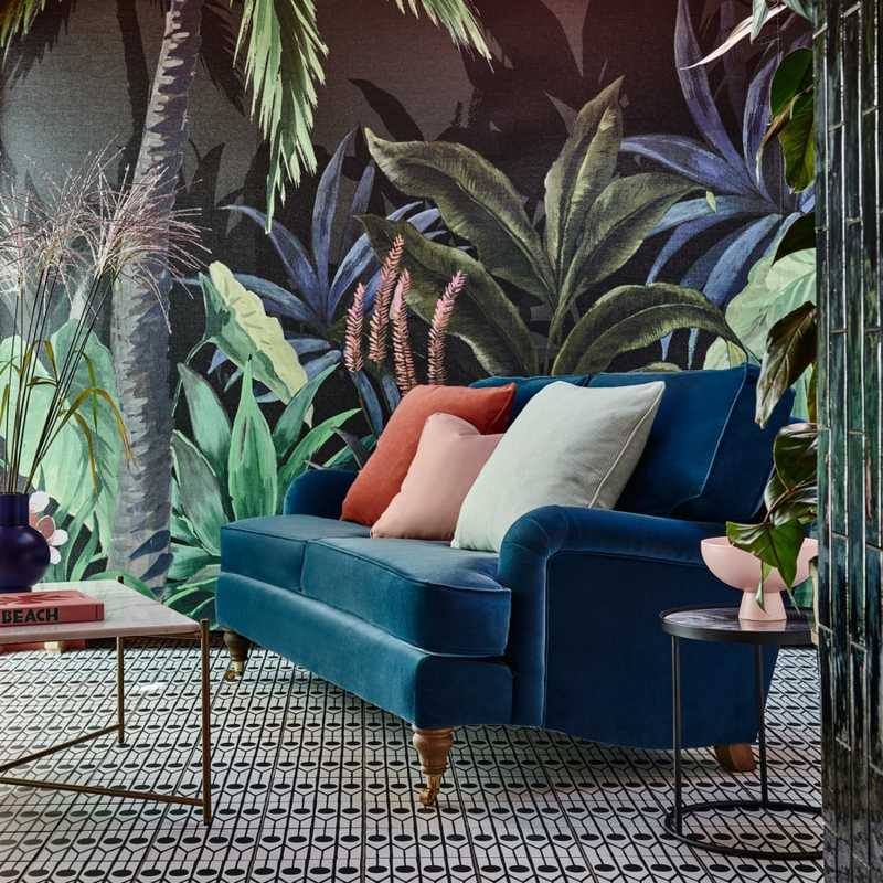 Deep Blue Sofa with Rolled Arms and Turned Wood Legs