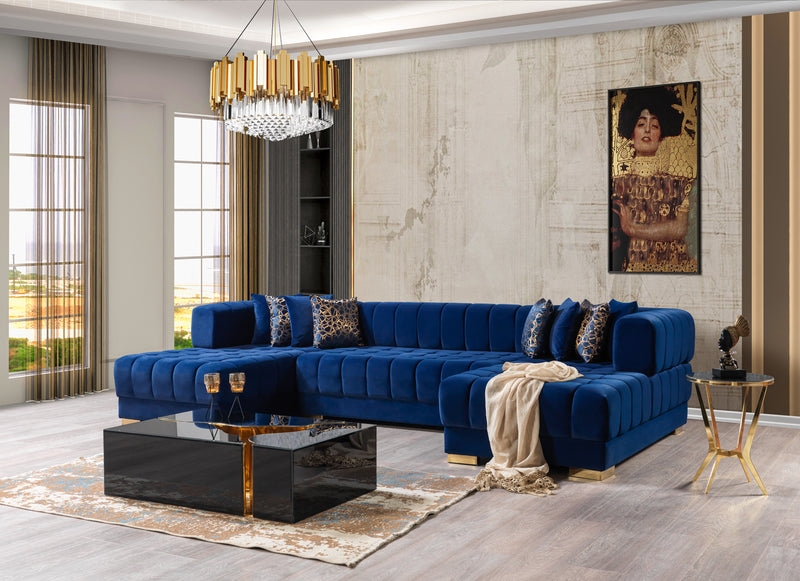 Deep Blue Velvet Sectional Sofa, Double Chaise, Vertical Tufting