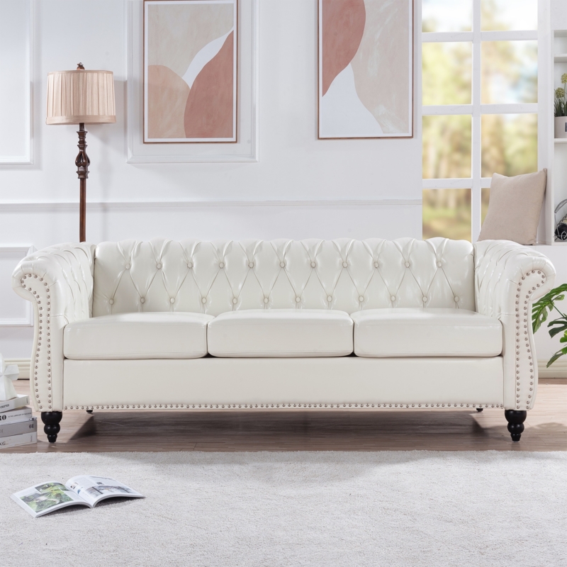 Deep Button Tufted Chesterfield Sofa with Silver Nailhead Trim