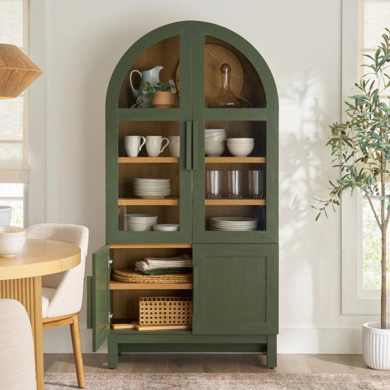 Deep Green Display Cabinet featuring Rounded Arch Top and Wood Interior