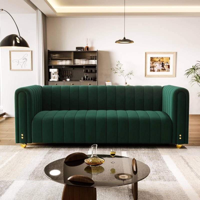 Deep Seat Sofa with Vertical Channel Tufting and Gold Metal Feet