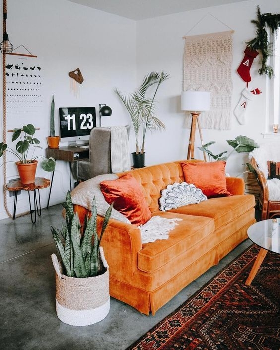 Deep Tufted Burnt Orange Sofa with Skirted Base