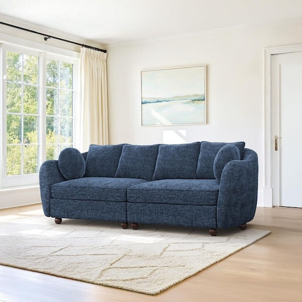 Denim Blue Chenille Sofa with Round Arms and Bun Feet