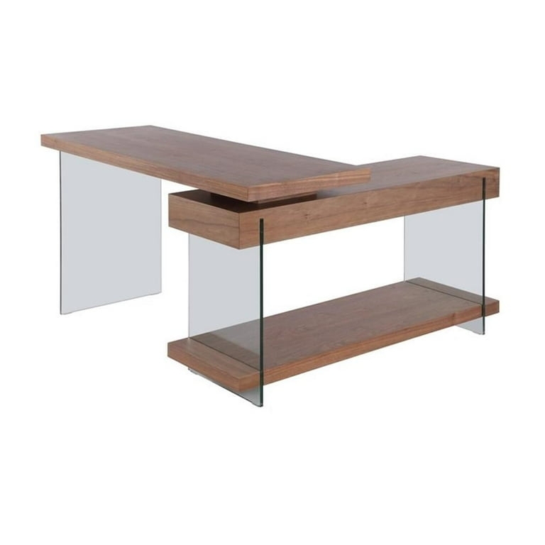 Desk Floating Walnut Tiers Rotatable Top Glass Legs L-Shaped Office