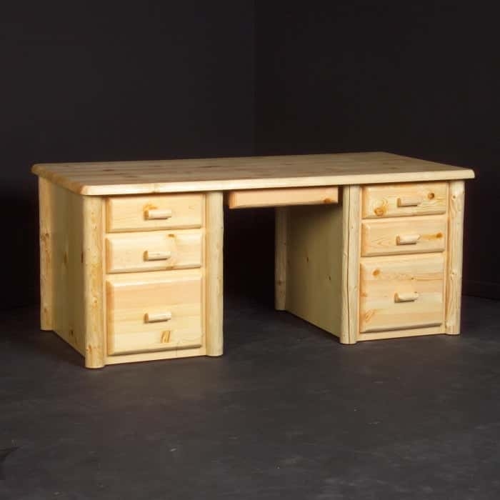 Desk Rustic Log Corners Double Pedestal Six Drawers Cabin Style