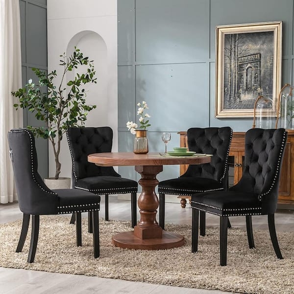 Diamond Tufted Dining Chair with Nailhead Trim in Black Velvet