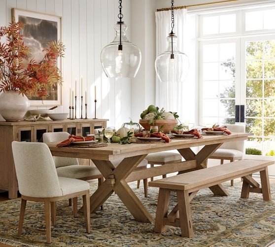 Dining Bench Rustic Wood Toned X Frame Trestle Base Farmhouse