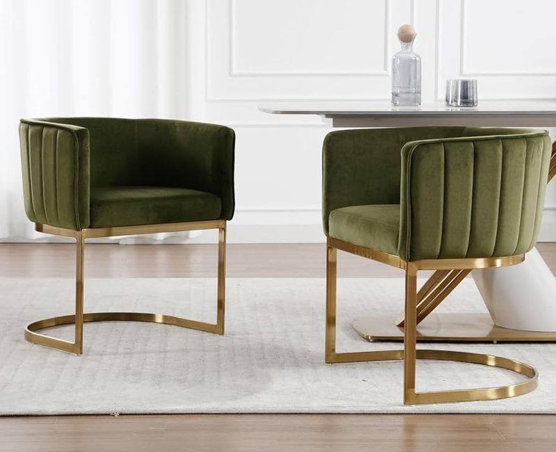 Dining Chair Barrel Back Olive Green Velvet Gold C-Shaped Base