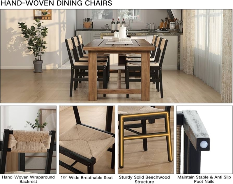 Dining Chair Black Beechwood Frame Hand Woven Backrest and Seat