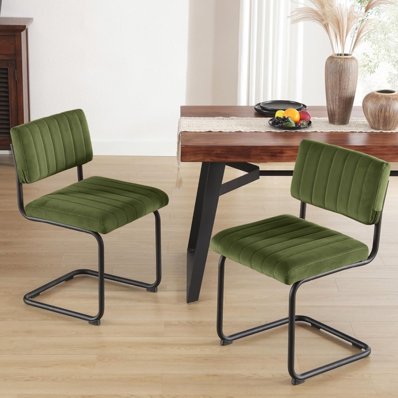 Dining Chair Cantilever Olive Green Velvet Channel Tufted