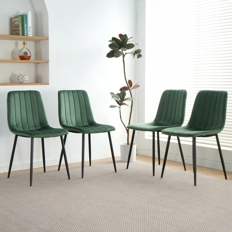 Dining Chair Channel Tufted Forest Green Velvet Black Metal Legs