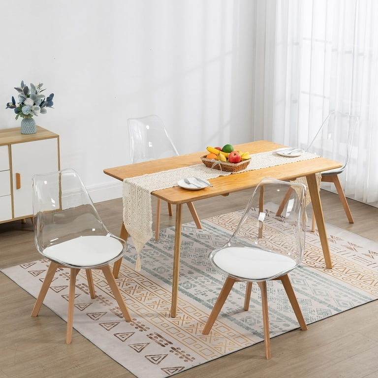 Dining Chair Clear Acrylic Shell White Cushion Tapered Wood Legs