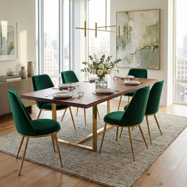 Dining Chair Curved Back Emerald Green Velvet Tapered Gold Legs