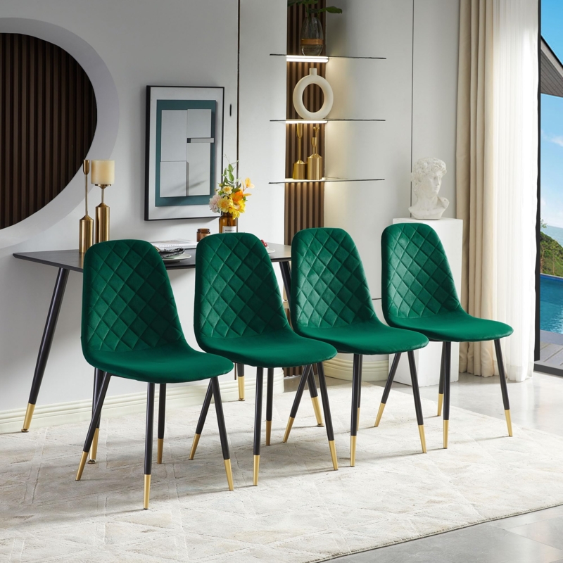 Dining Chair Emerald Green Quilted Velvet Gold Tipped Legs