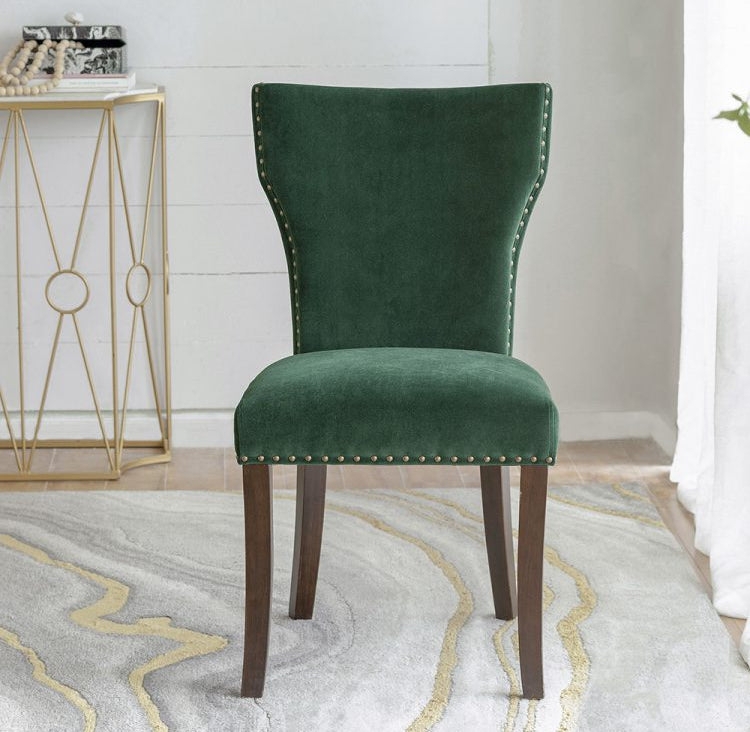 Dining Chair Emerald Velvet Flared Back Nailhead Trim Dark Wood