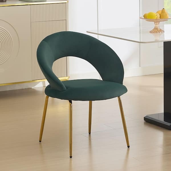 Dining Chair Forest Green Velvet Curved Open Back Gold Legs
