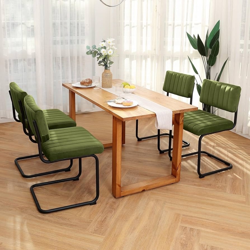 Dining Chair Green Velvet Cantilever Horizontal Channel Tufted