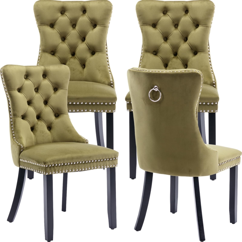 Dining Chair High Back Olive Green Velvet Wingback Pull Ring