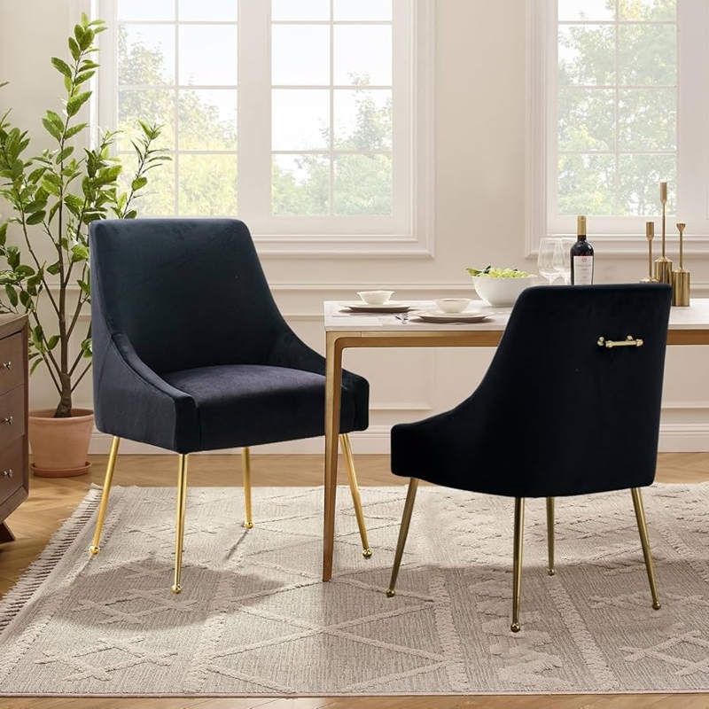 Dining Chair in Navy Velvet with Gold Tapered Legs and Back Handle
