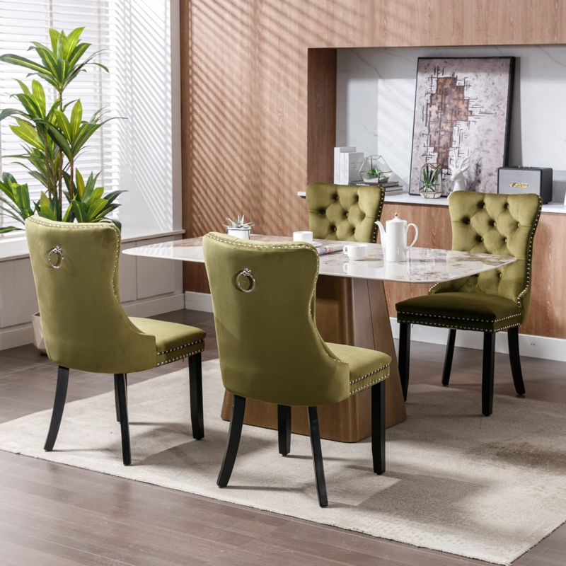 Dining Chair Olive Green Velvet Tufted With Silver Ring Pull