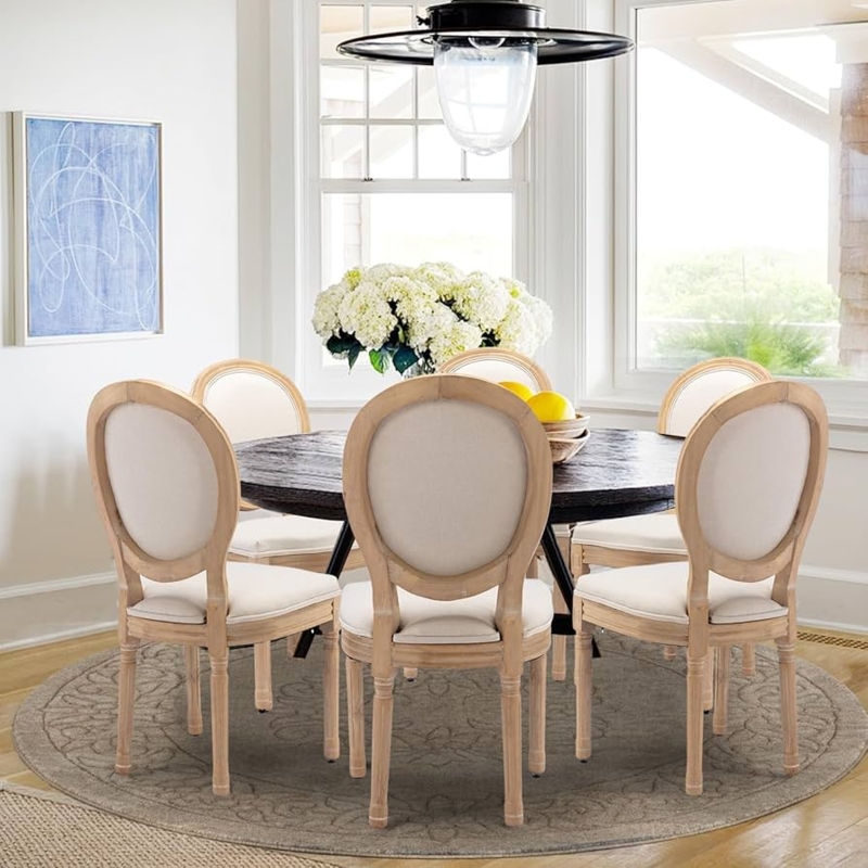 Dining Chair Set French Country Oval Back Beige Linen Weathered Legs
