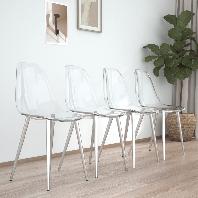 Dining Chair Set of 4 Ghost Style Clear Acrylic Silver Tapered Legs