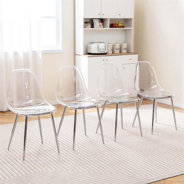 Dining Chair Set of 4 Transparent Plastic Electroplated Silver Legs