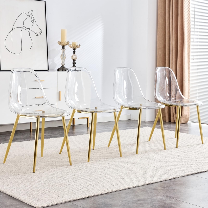 Dining Chair Set of Four featuring Tapered Gold Legs, Transparent