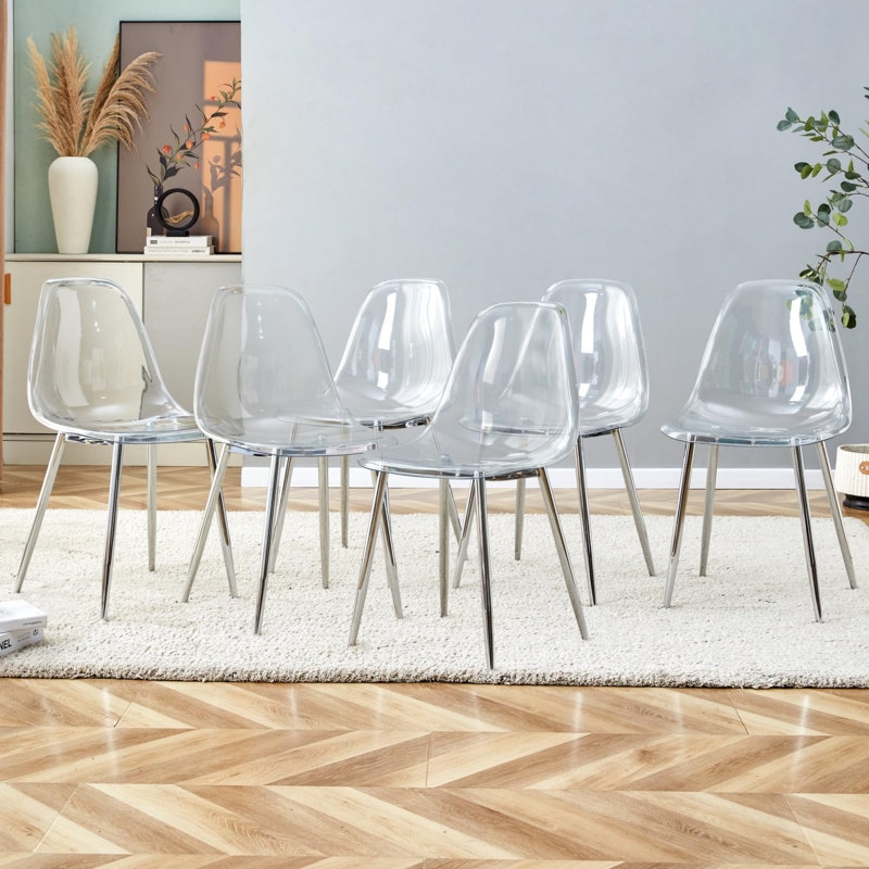 Dining Chair Set of Six with Polished Silver Metal Legs, Transparent