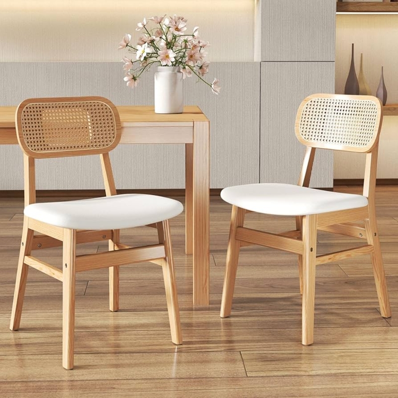 Dining Chair Set: Rattan Cane Back with White Seat and Wood Frame