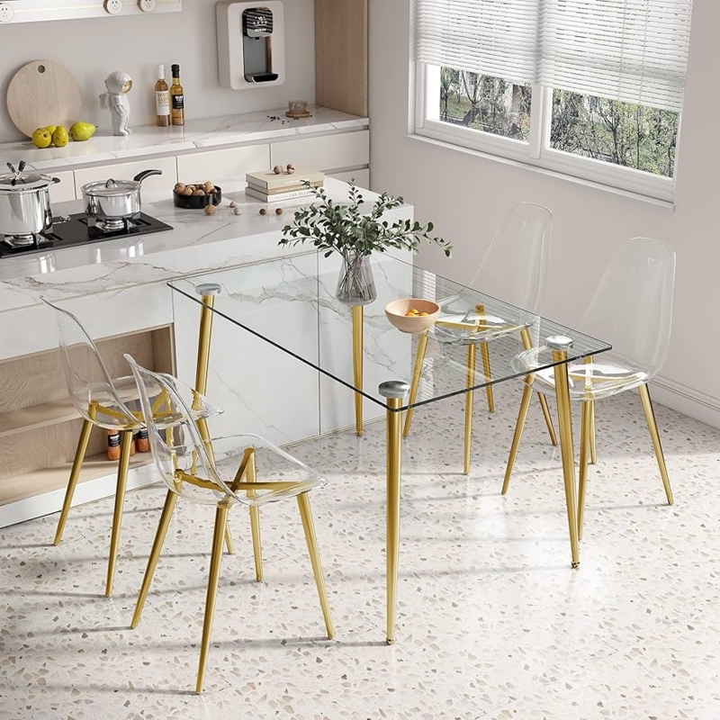 Dining Chair Set with Polished Gold Tapered Legs, Clear Acrylic Seats